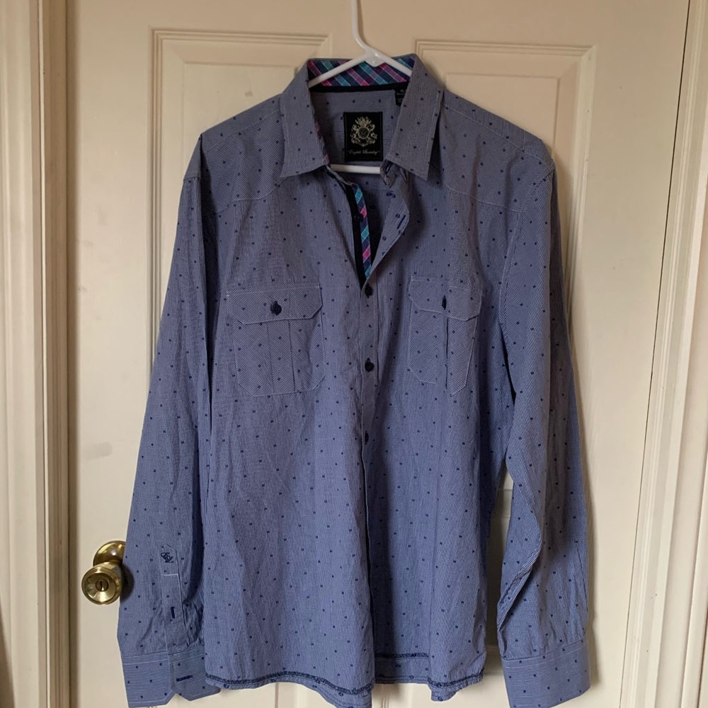 English Laundry Navy Dot Dress Shirt with Pink Accent Plaid